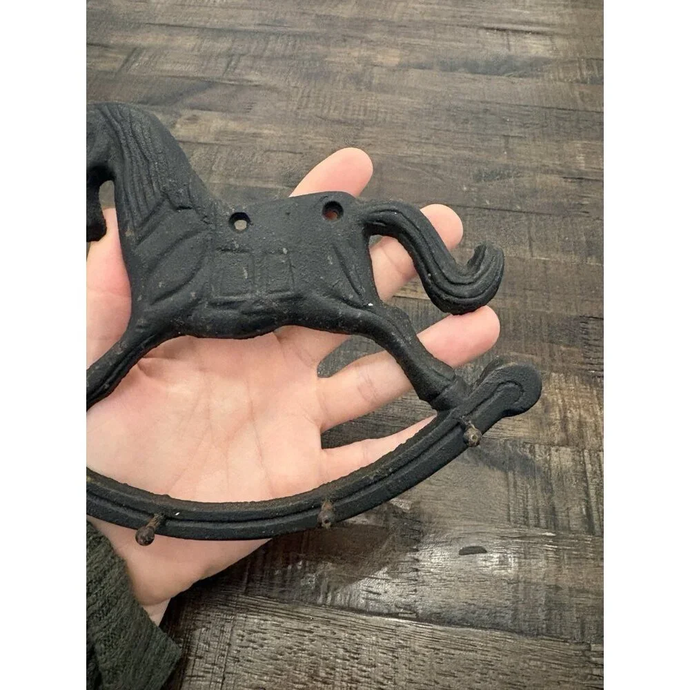 Vintage Cast Iron Rocking Horse Wall Mount 4 Hook Hanger Hat Key Home Decor